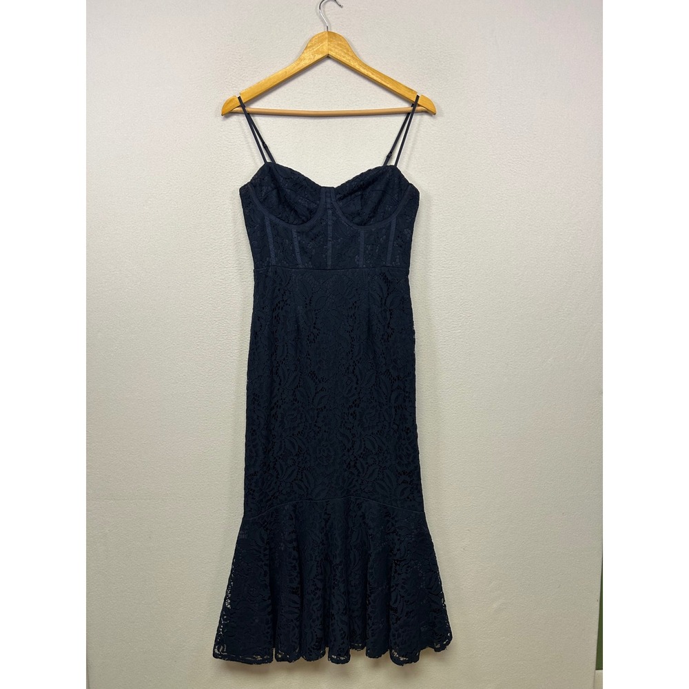 Romantic Lace Corset Lulus Womens M Navy Blue Sweetheart NeckMermaid Midi Dress